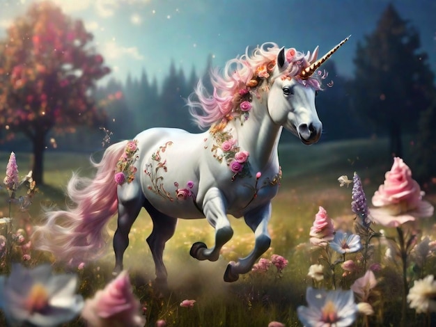 Hermoso unicornio corriendo en un prado mágico unicornio imágenes de fondo unicornio caprichoso