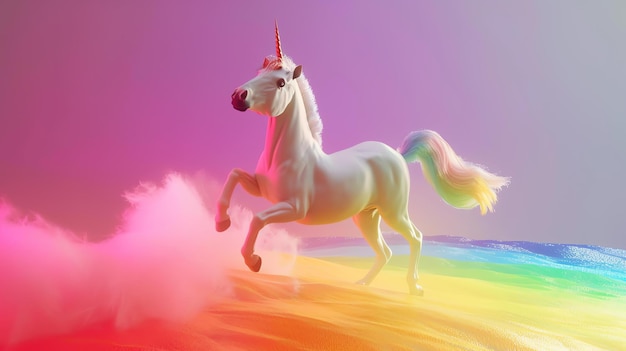 Un hermoso unicornio está de pie en un arco iris el unicornio es blanco con una melena rosada y cola y un cuerno dorado
