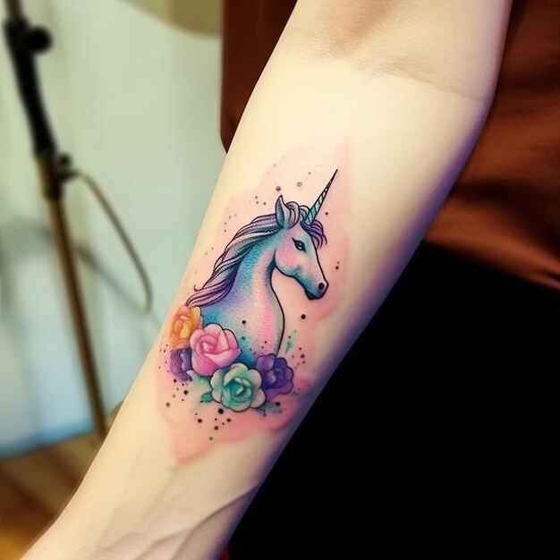 un hermoso unicornio con flores y mariposas en el brazo