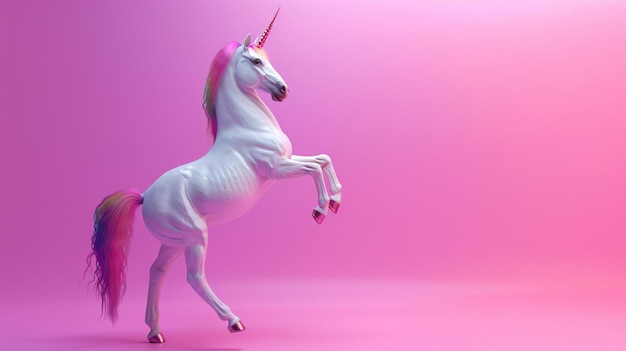 Un hermoso unicornio con una melena y una cola arcoíris se para en sus patas traseras contra un fondo rosado