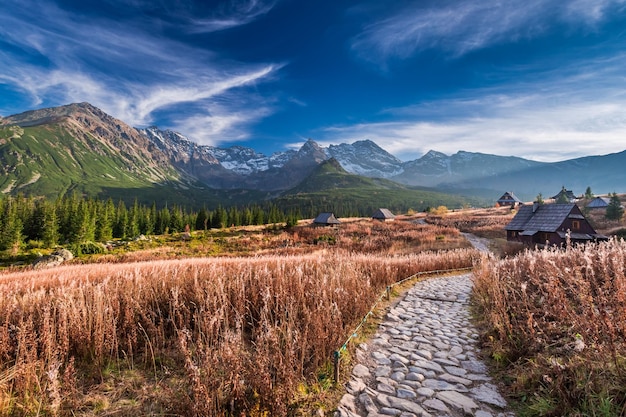 Hermoso valle en la montaña Tatra al atardecer en Polonia