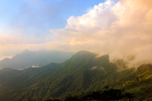 Hermoso valle en la niebla del sol de la mañana