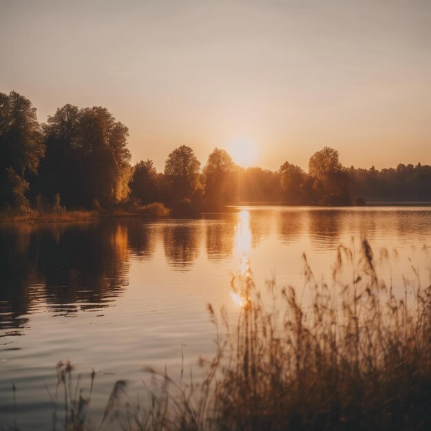 hermoso verano detallado amanecer hora de oro sobre el lago
