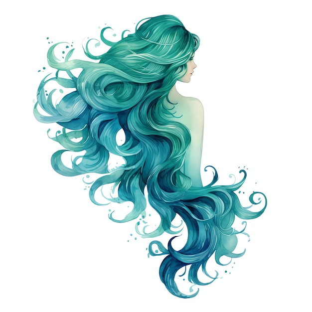 Foto hermoso verde azulado cabello de sirena fantasía acuarela bajo el mar ilustración clipart