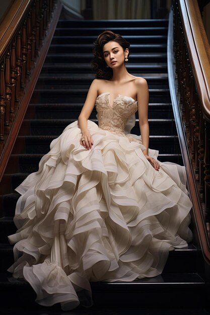 un hermoso vestido de novia una chica se sienta en las escaleras para posar al estilo de tokio aoyama