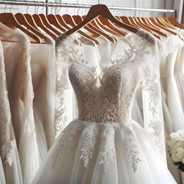 Hermoso vestido de novia de lujo elegante colgado en un maniquí en la tienda de novias boutique salón bokeh de oro