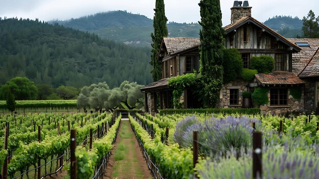 Un hermoso viñedo con una gran casa de piedra en el fondo las exuberantes vides verdes están perfectamente alineadas
