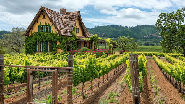 Foto un hermoso viñedo con una pequeña cabaña en la distancia la cabaña está rodeada de exuberante vegetación y el viñedo está lleno de uvas