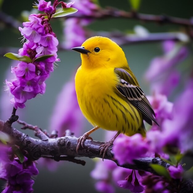 Foto el hermoso warbler amarillo se alza en un arbusto de flores rosadas vívidas y contrastantes