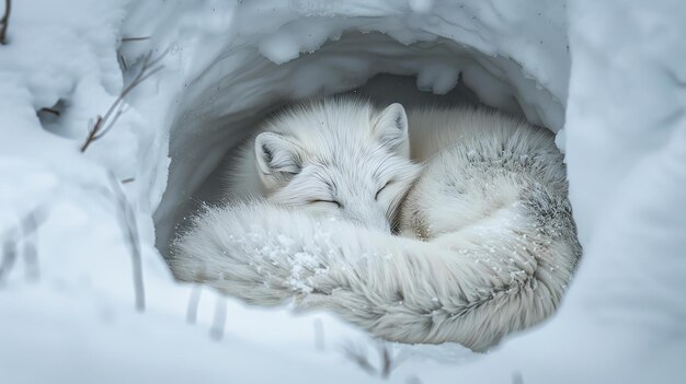 Foto un hermoso zorro ártico acurrucado en la nieve sus ojos cerrados de satisfacción