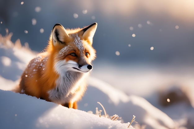 hermoso zorro sobre un fondo invernal con nieve a contraluz