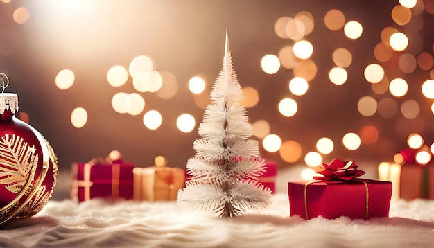 Hermosos adornos en miniatura de árboles de Navidad y un regalo utilizado como estandarte y fondo o telón de fondo para saludos estacionales temporada de vacaciones de invierno luz de Navidad de ensueño