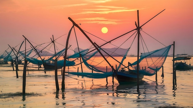 Hermosos amaneceres y redes de pesca en Pakpra en Phatthalung, Tailandia