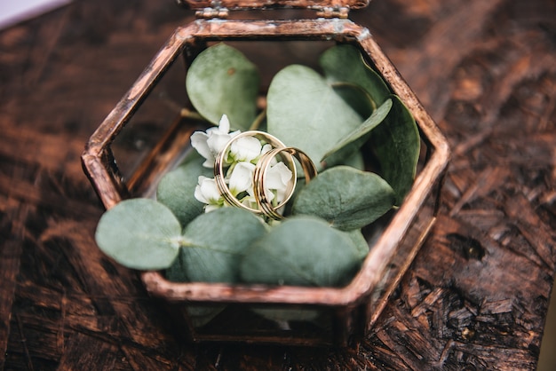 Hermosos anillos de boda con flores frescas en un recipiente de vidrio en el registro de matrimonio en el lugar