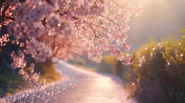 Hermosos árboles de cerezas, flores de sakura rosadas, carreteras y curvas de campo, IA generativa.
