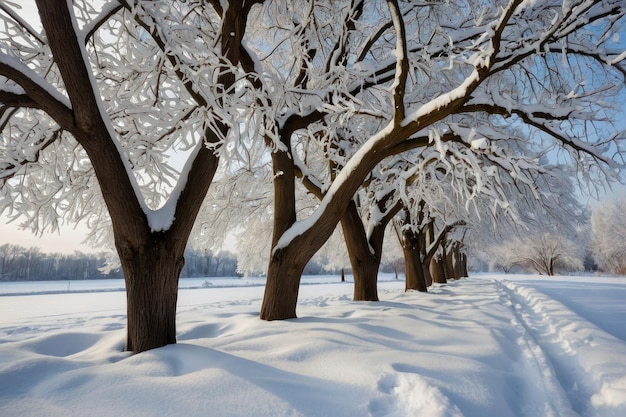 Hermosos árboles cubiertos de nieve en un día de invierno