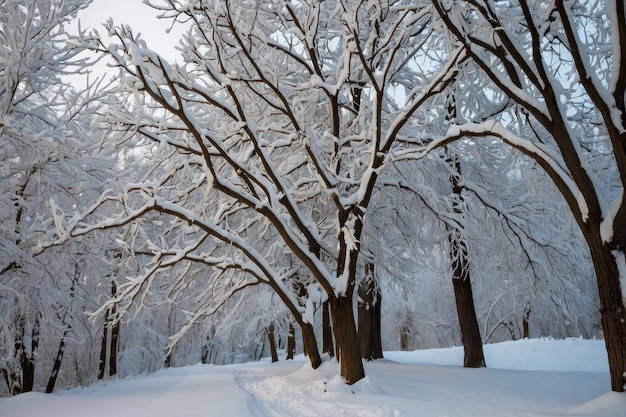 Hermosos árboles cubiertos de nieve en un día de invierno