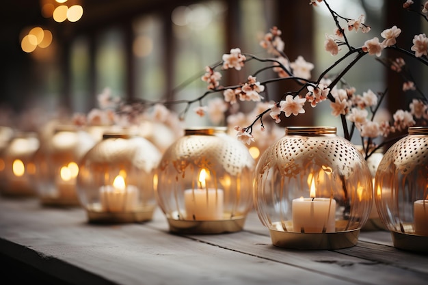 Hermosos árboles en flor y velas en un primer plano de fondo borroso