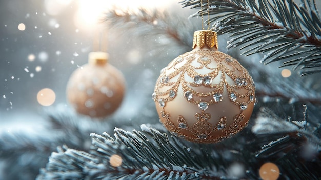 Hermosos árboles de Navidad de fondo con ramas de árboles de navidad y juguetes de árboles de oro de Navidad
