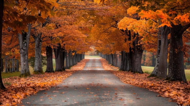 Hermosos árboles de otoño bordean la carretera en el paisaje forestal