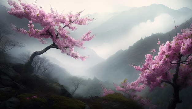 Hermosos árboles de sakura contra el telón de fondo de las montañas en la niebla