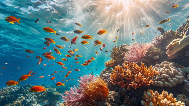 Hermosos arrecifes de coral tropicales con bancos de peces de coral rojo anthias Mar Rojo