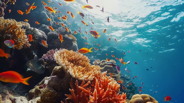 Hermosos arrecifes de coral tropicales con bancos de peces de coral rojo anthias Mar Rojo