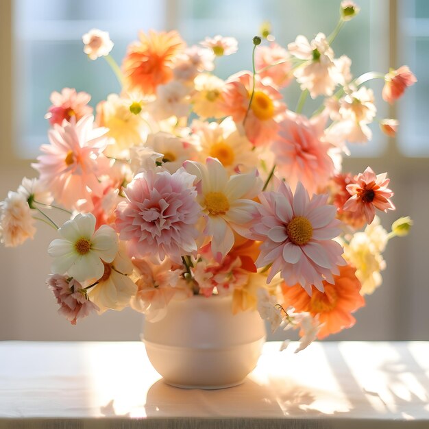 Hermosos arreglos de flores blancas y naranjas con jarrón junto a la ventana