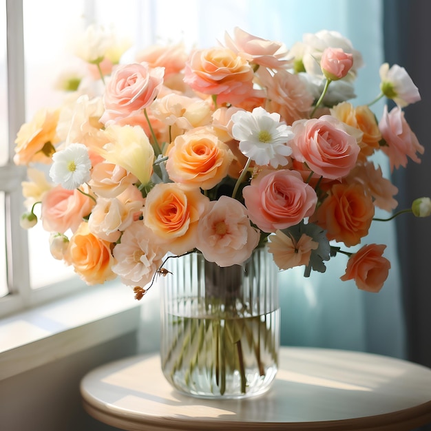 Hermosos arreglos de flores blancas y naranjas con jarrón junto a la ventana