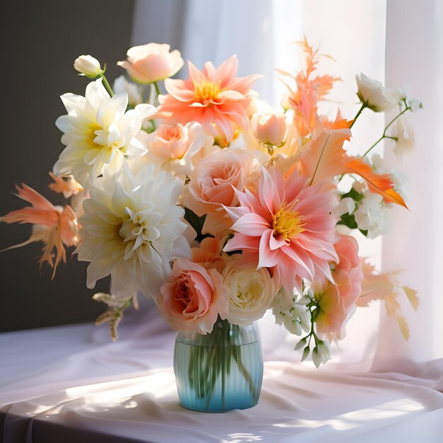 Hermosos arreglos de flores blancas y naranjas con jarrón junto a la ventana