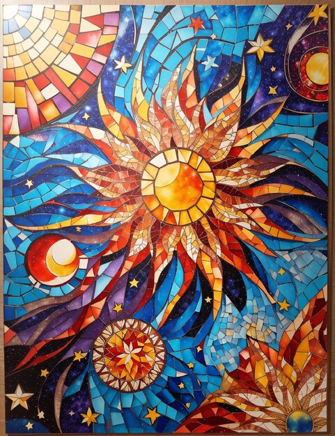 Foto hermosos azulejos de mosaico arte de una galaxia de estrellas sol