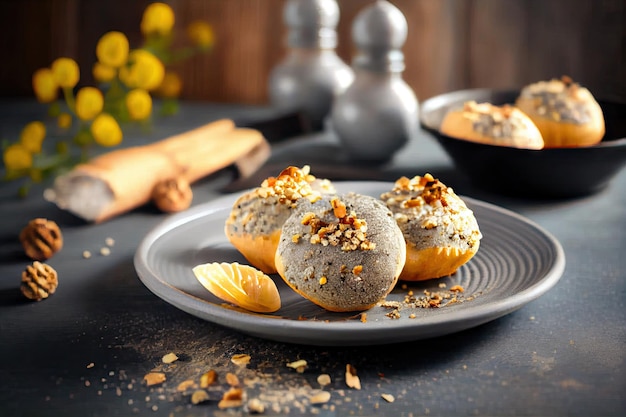 Hermosos bollos de semillas de amapola aromáticas con crumble de nueces en un plato