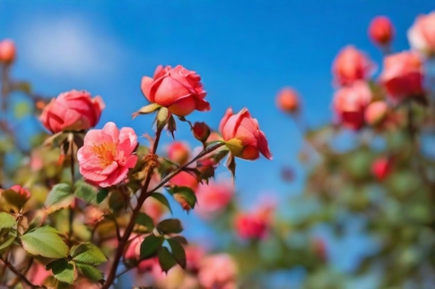 Hermosos bordes de primavera con rosales en flor sobre un fondo azul, caderas de rosas en flor contra el cielo azul, enfoque selectivo suave.