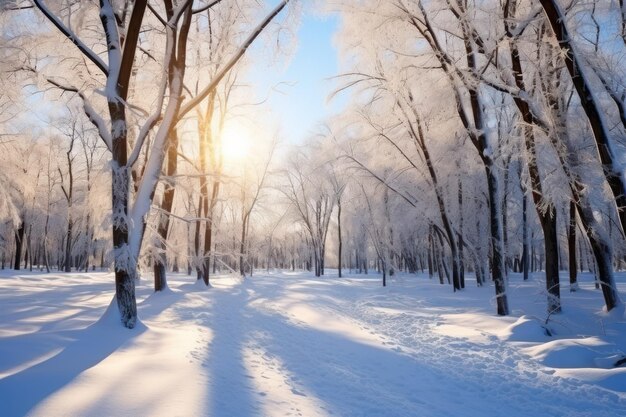 Hermosos bosques nevados en una mañana soleada de invierno