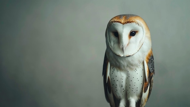 Hermosos búhos de granero de pie sobre un fondo gris Copiar espacio para el texto