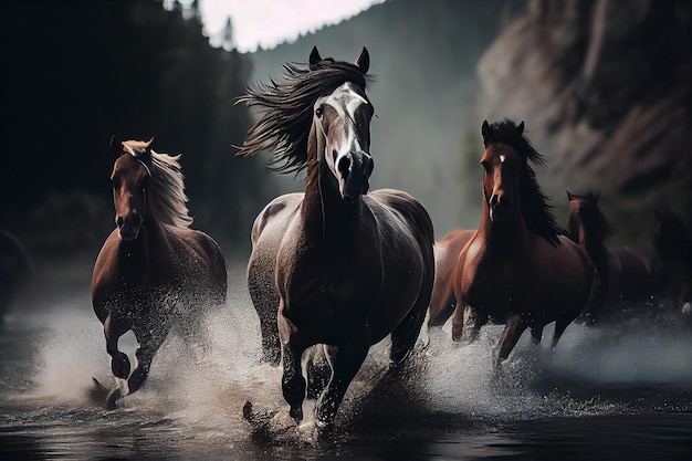 Hermosos caballos bayos corren al galope en el agua en la lluvia generativa ai