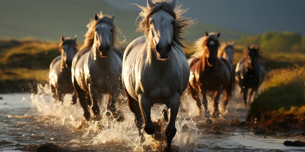 Hermosos caballos blancos corriendo sobre el agua en el fondo