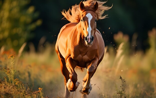 Foto hermosos caballos galopando en el prado al atardecer