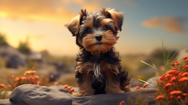 Hermosos cachorros blancos cachorros animales mascotas en las montañas con flores fotos generadas por IA