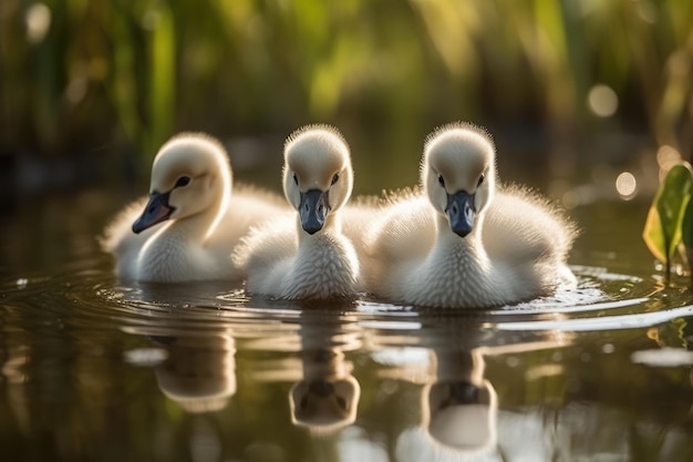 Hermosos cachorros de cisne en el estanque generativo ai