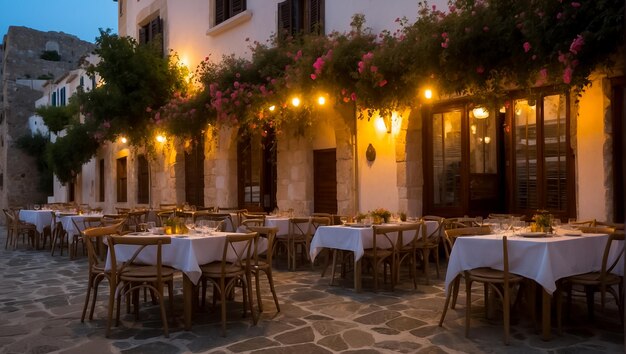 Foto hermosos cafés callejeros de verano por la noche en grecia