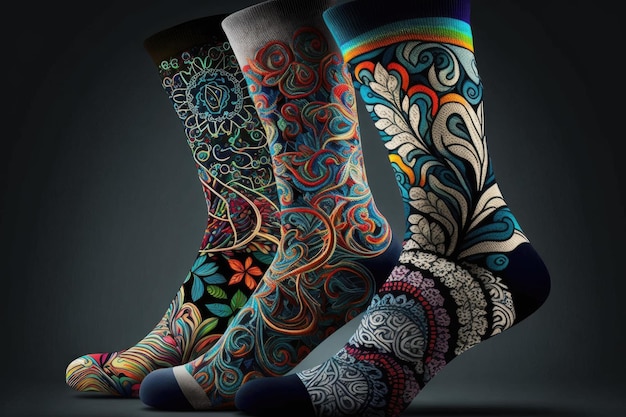 Hermosos calcetines multicolores con patrones e imágenes creadas con ai generativo