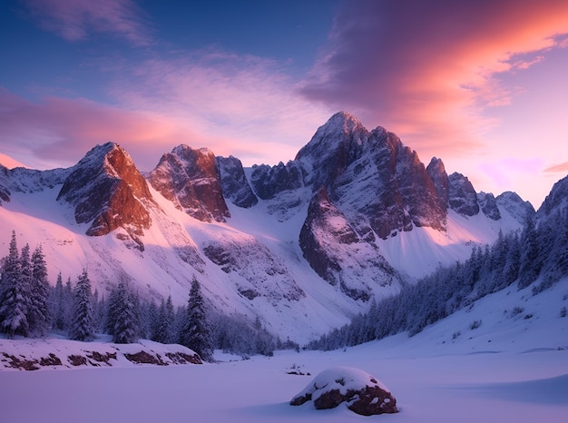 Hermosos cielos nublados en tres colores con montañas rocosas de nieve en el fondo