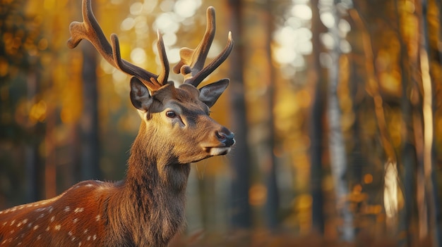 Hermosos ciervos con grandes cuernos con bosque borroso en el fondo hermosa vida silvestre