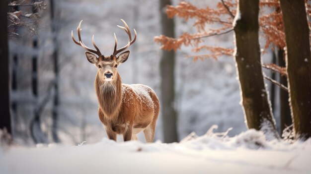 Foto hermosos ciervos salvajes en un bosque nevado