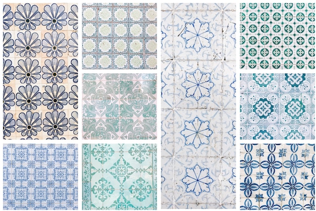 Hermosos collages de diferentes azulejos tradicionales portugueses llamados azulejos