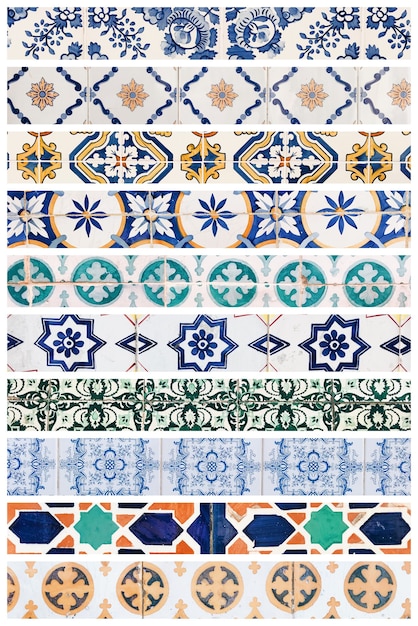 Hermosos collages de diferentes azulejos tradicionales portugueses llamados azulejos