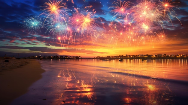 Hermosos y coloridos fuegos artificiales sobre el reflejo del río en el agua