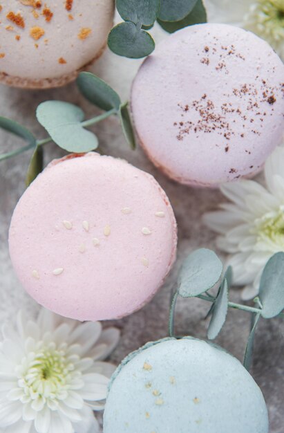 Hermosos coloridos macarrones sabrosos y flores blancas sobre un fondo de hormigón