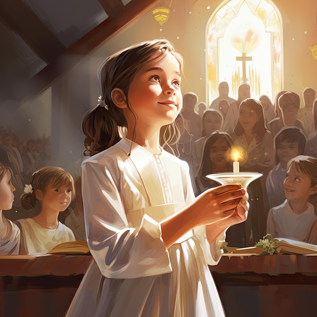 Hermosos conceptos del sacramento de la Primera Comunión blog ilustración editorial niños dentro de una iglesia